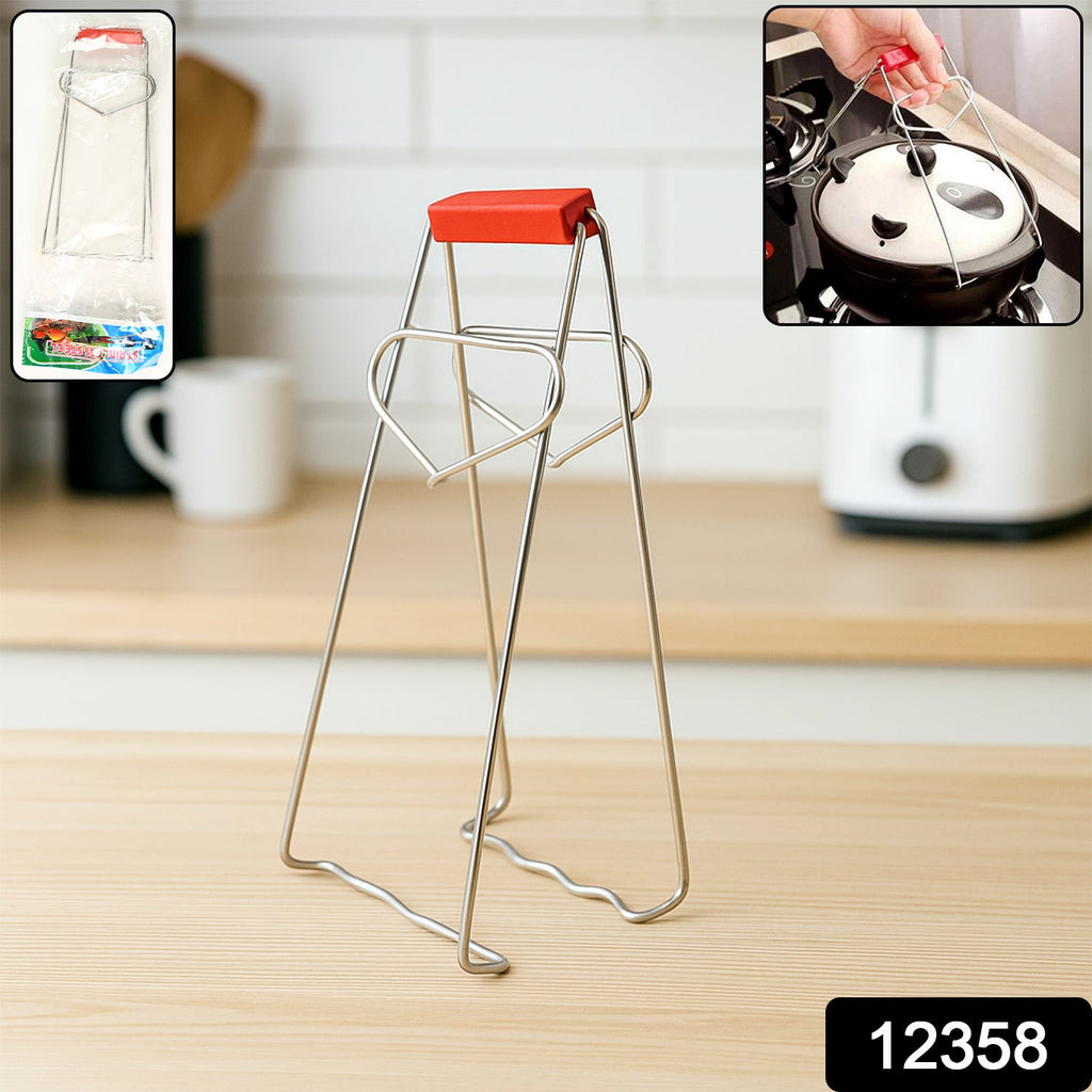 Durable stainless steel kitchen dish gripper tong with red heat-resistant handle