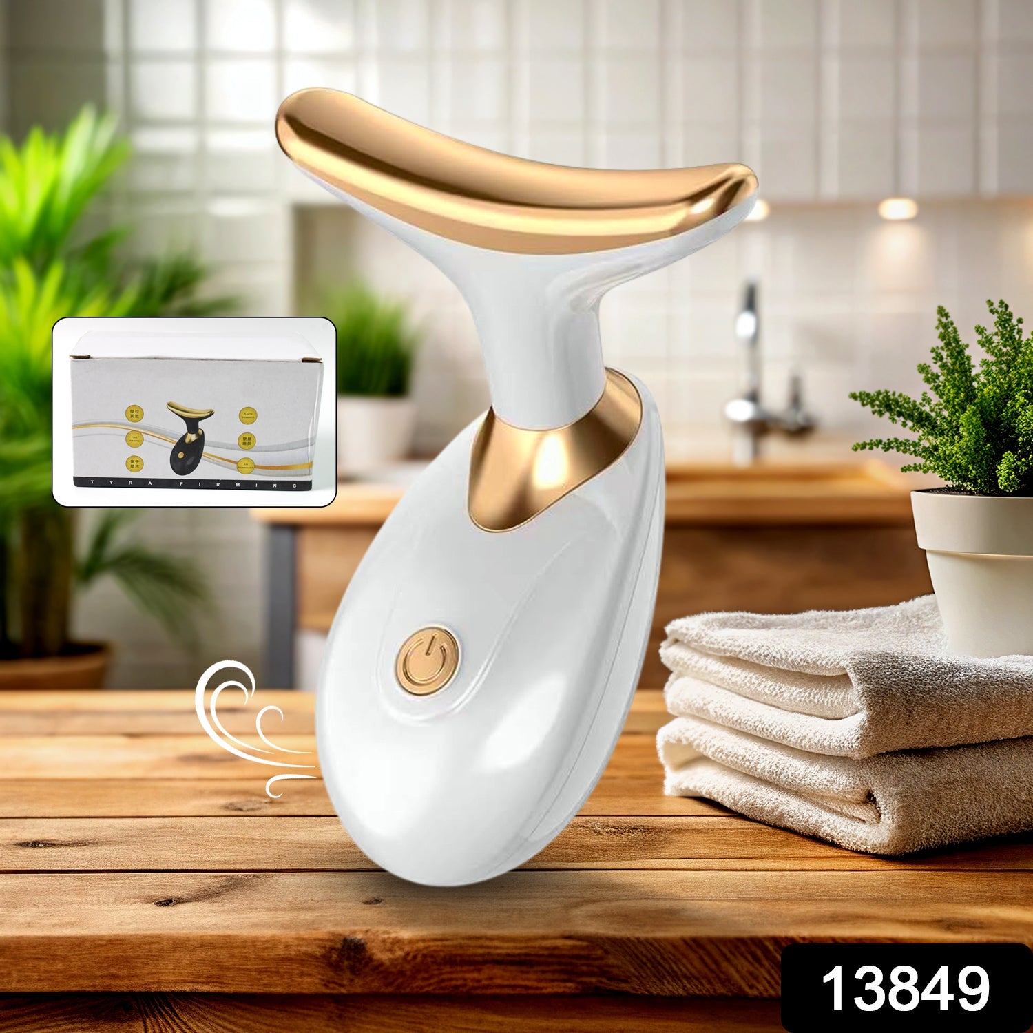 Woman using the rechargeable Neck Face Massager on her neck for wrinkle reduction.