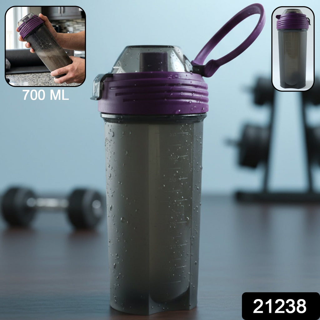 Clear plastic protein shaker bottle with secure flip lid