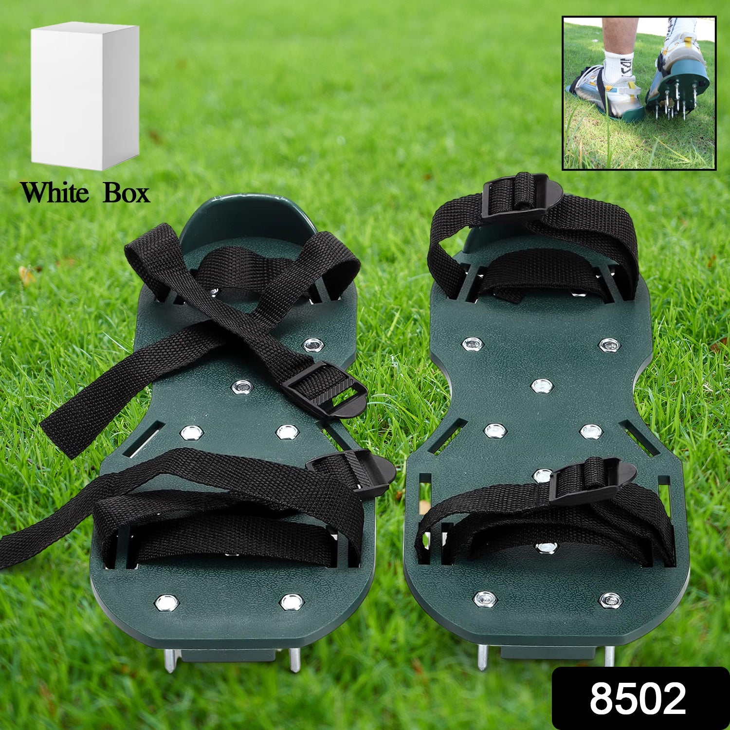Spiked garden shoes shown in their retail packaging with a mini wrench.