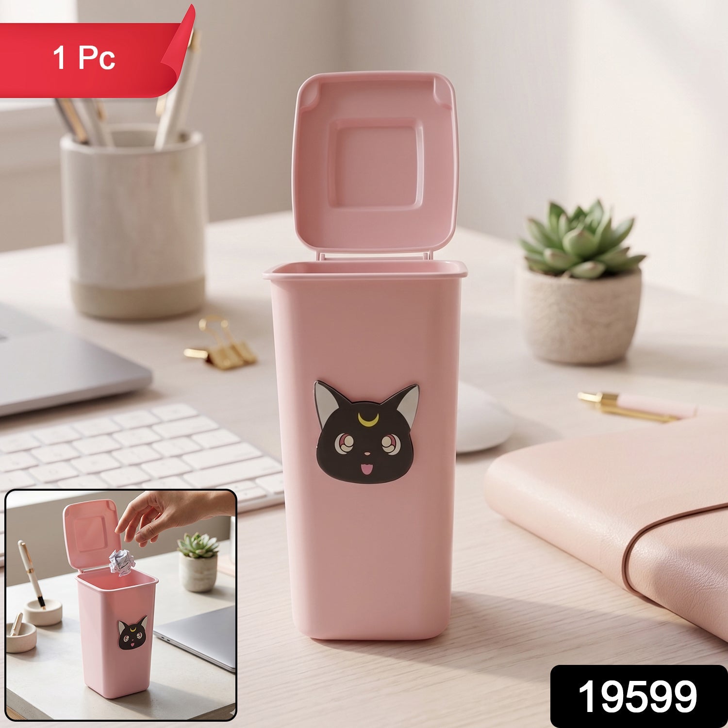 Trash can shaped desk organizer with flip lid