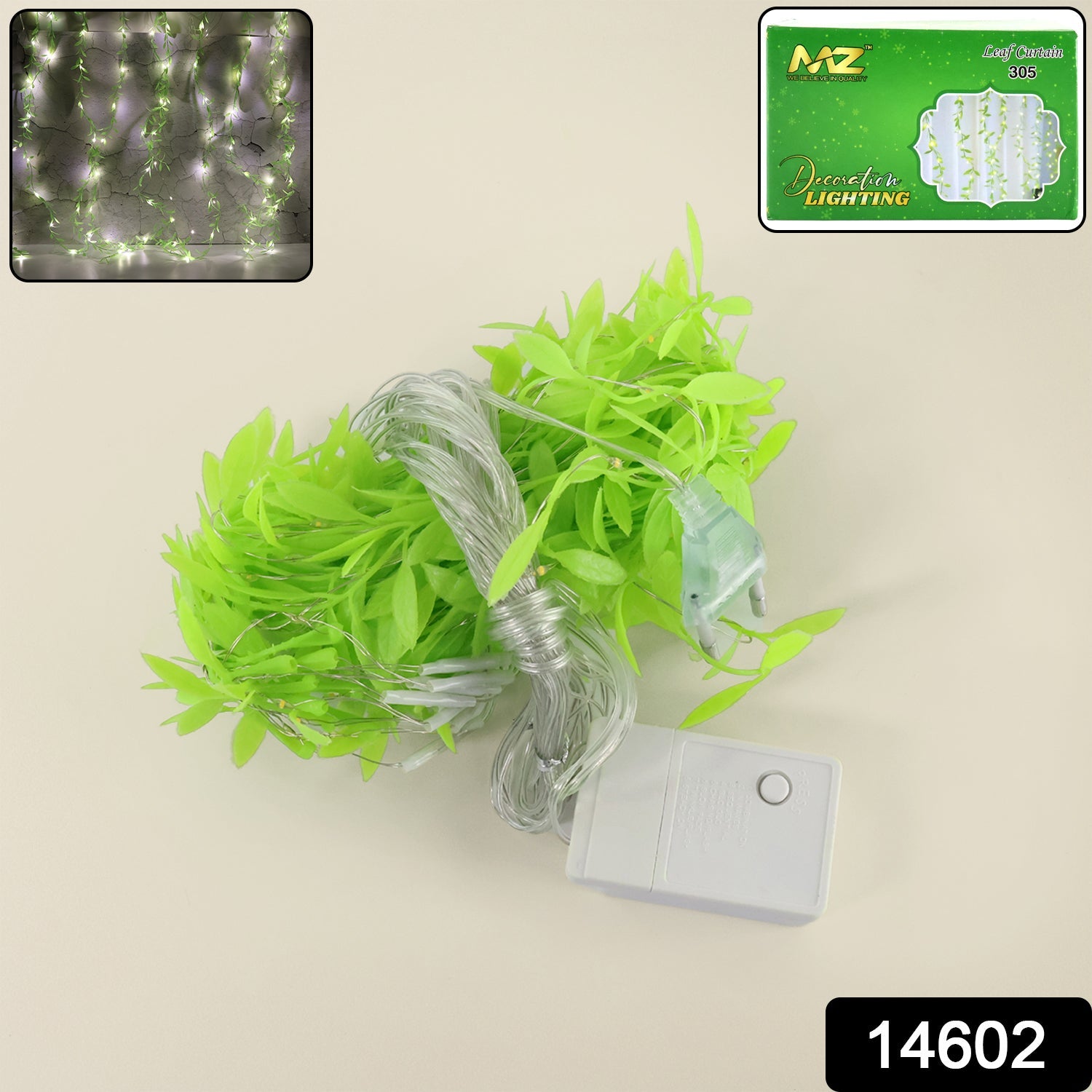 Close-up of decorative LED leaf string light featuring warm white LEDs and green leaves