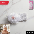 Close-up of elastic floral headband on infant, emphasizing gentle fit and floral design