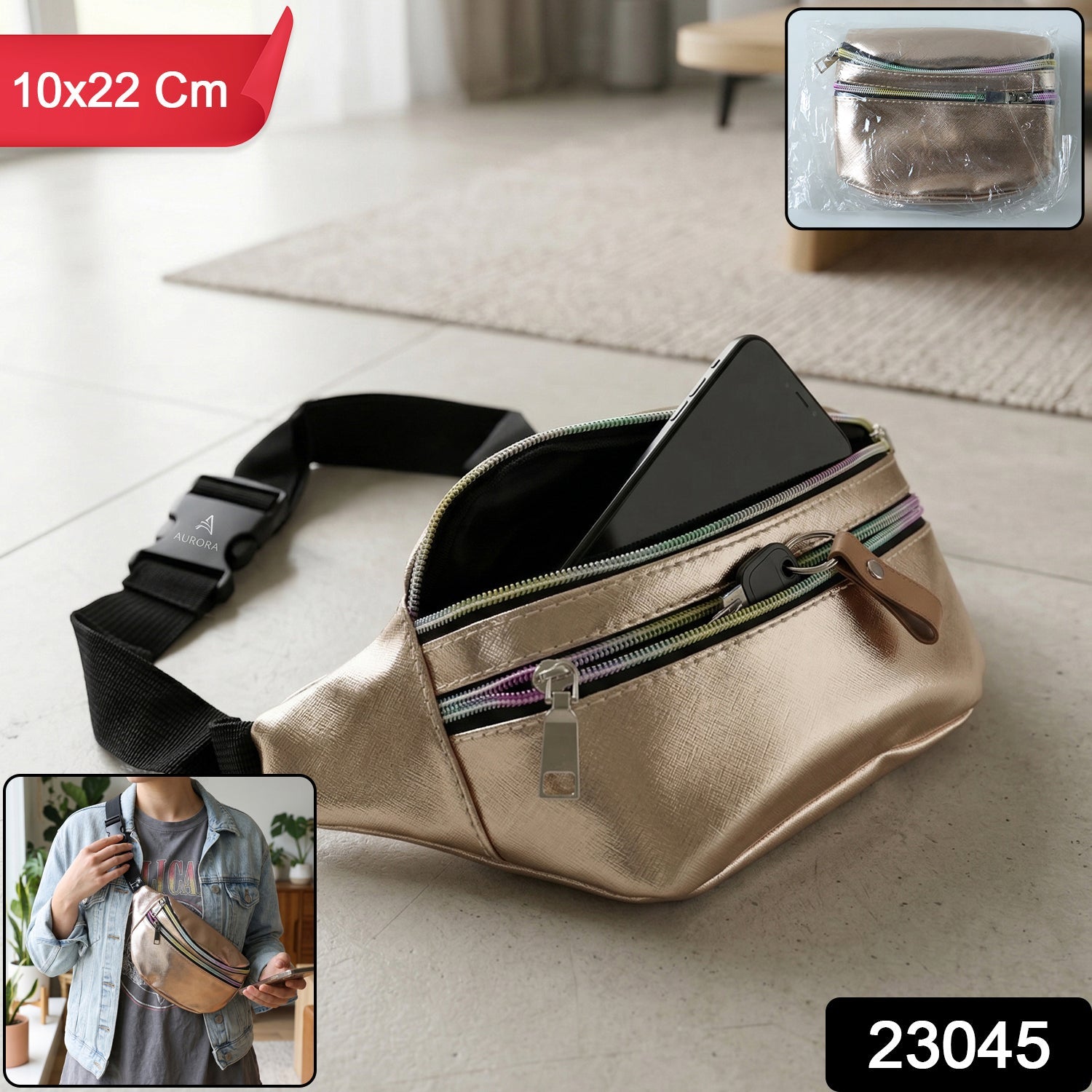Adjustable strap waist bag showing multiple compartments