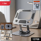 Adjustable metal stand supporting a tablet and phone