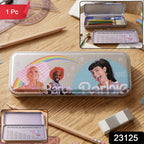 Spacious interior of open printed metal pencil case
