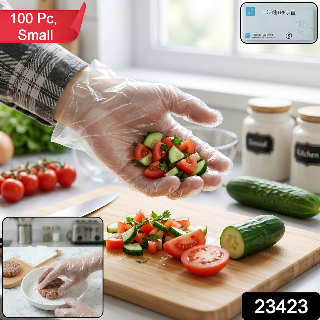Disposable kitchen gloves in a pack of 100, made of transparent plastic