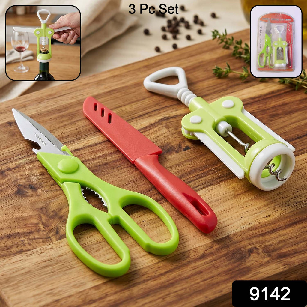 Close-up of the durable stainless steel kitchen knife and multi-purpose scissors from the set.