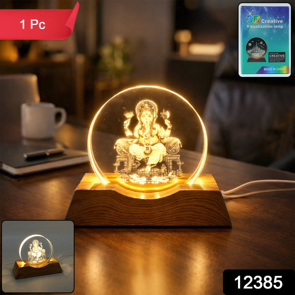 Close-up of Lord Ganesha engraving on acrylic plate of LED lamp