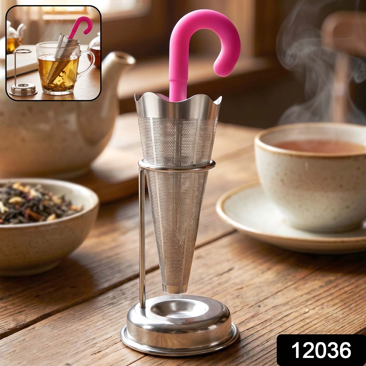 Side view of the reusable stainless steel tea infuser showing its fine mesh.