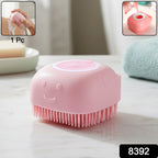 Close-up of silicone bath scrubber brush with soft bristles