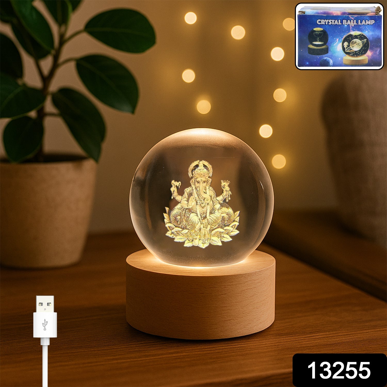 Close-up of the Ganpati 3D Crystal Ball Lamp's wooden base and power plug for easy setup.