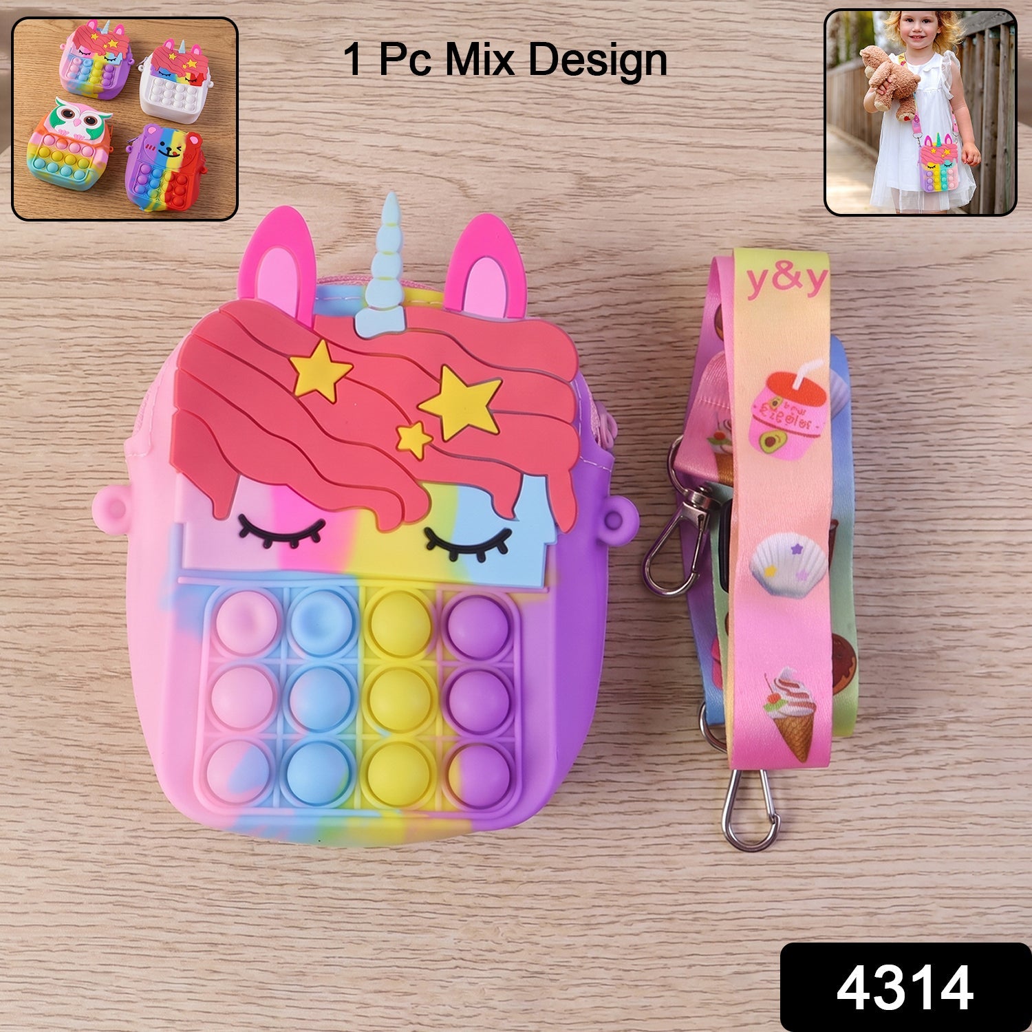Bright colored kids silicone pop it shoulder bag with adjustable strap