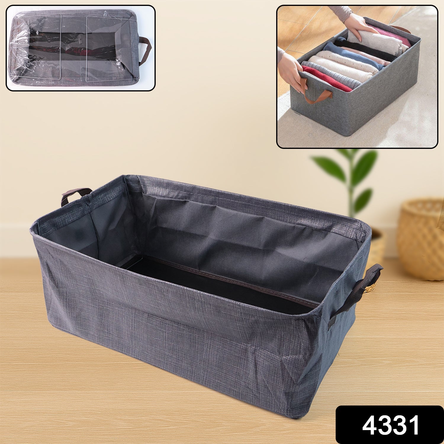 Close-up of foldable cloth storage organizer bag fabric and handles