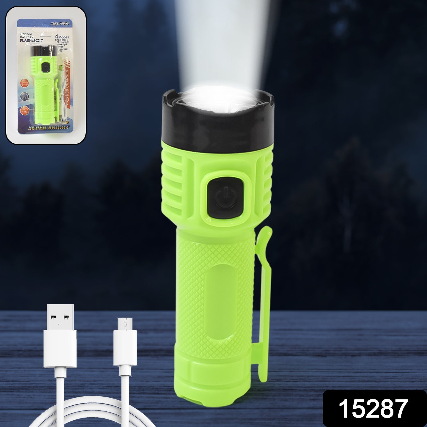 Compact USB rechargeable flashlight torch with belt clamp attached
