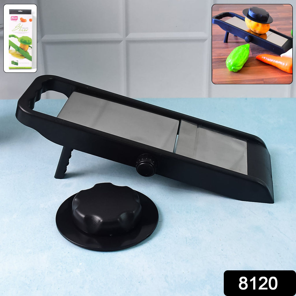 Supermom adjustable plastic slicer shown in its retail packaging.