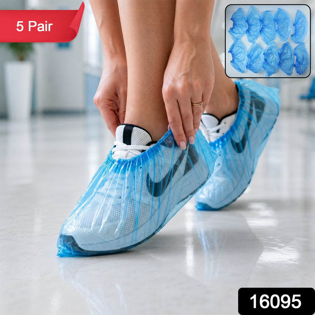 Blue disposable plastic shoe covers with elastic fit for shoes