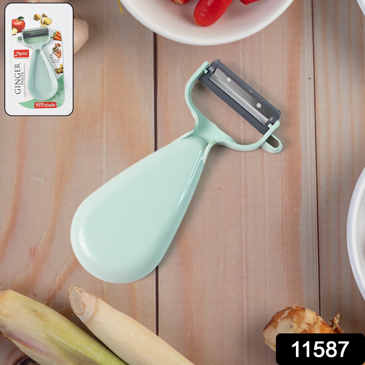 Close-up of Apex sharp dual blade ginger peeler showing blade detail