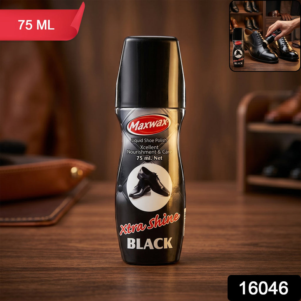 Maxwax shoe polish packaging in black liquid form