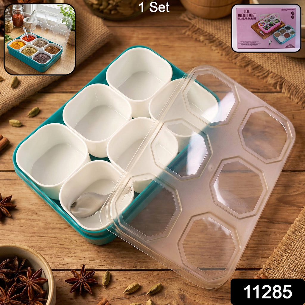 multi-compartment spice organizer with transparent lid