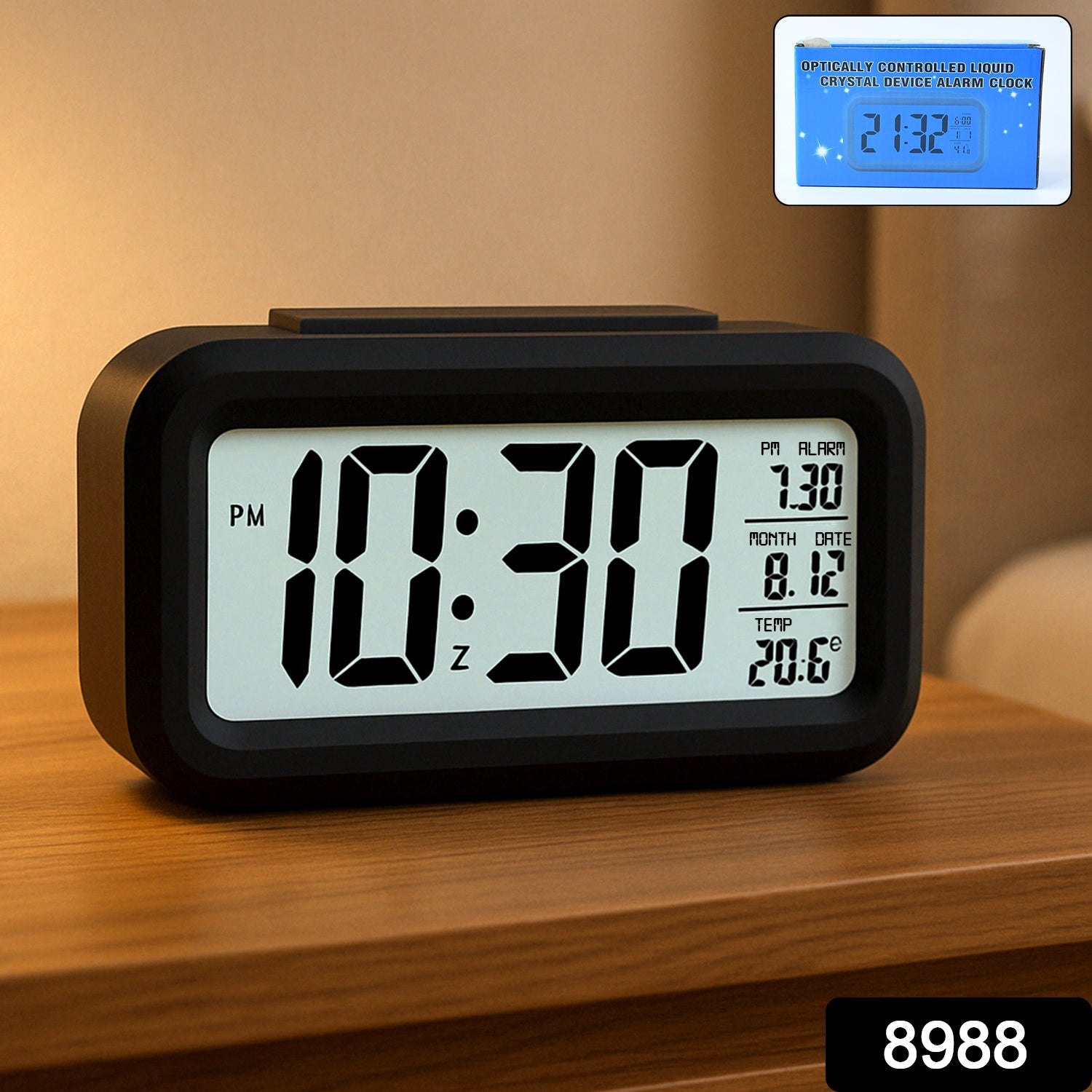 Night view of digital LCD alarm clock with soft glowing backlight