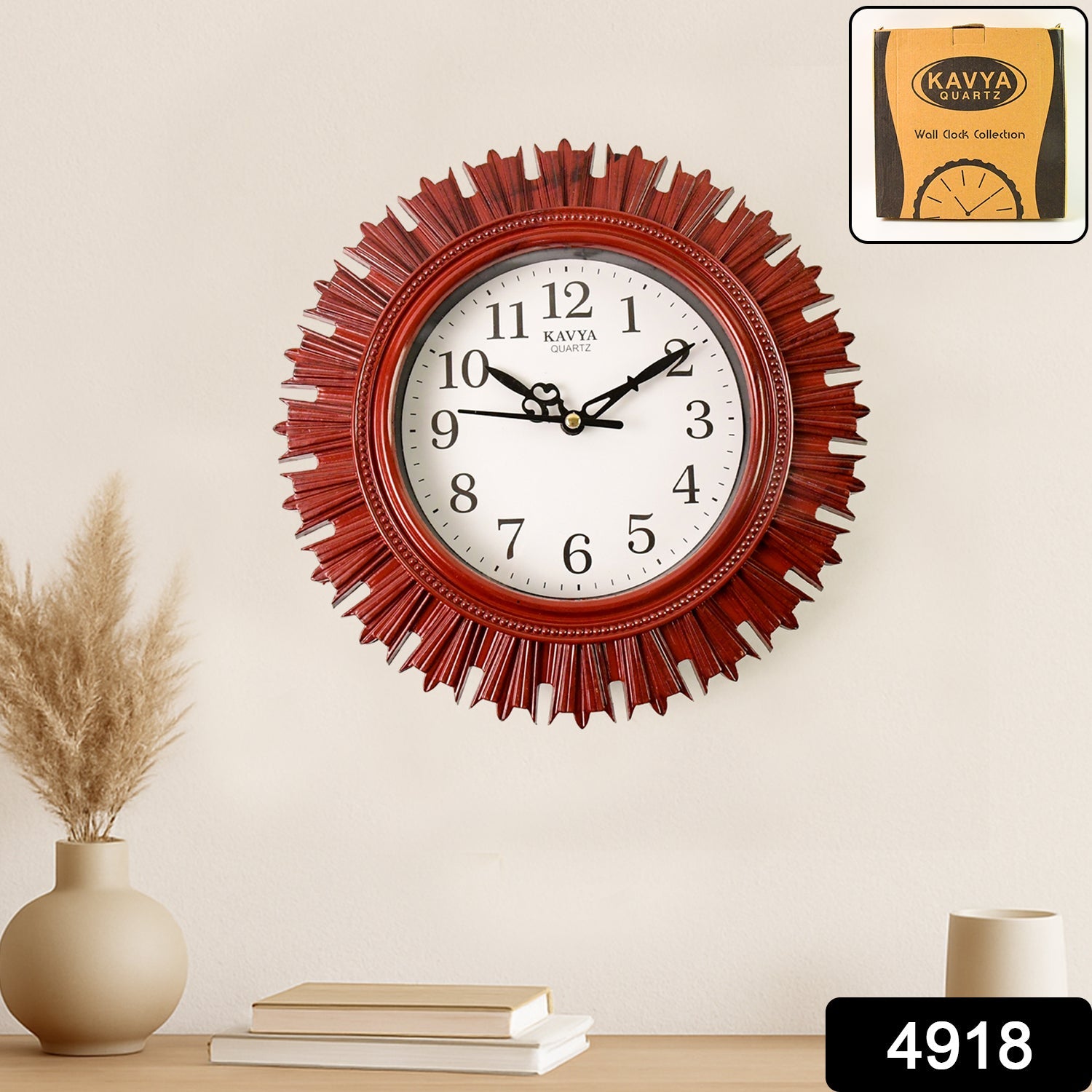 Close-up of the silent wooden look wall clock, highlighting its large, easy-to-read numerals.