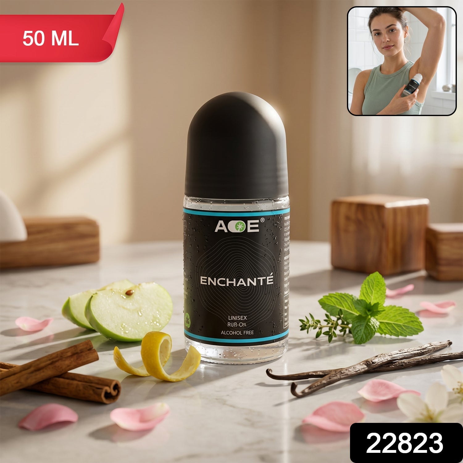 Deodorant bottle with cap off, showing blue packaging and roll-on tip