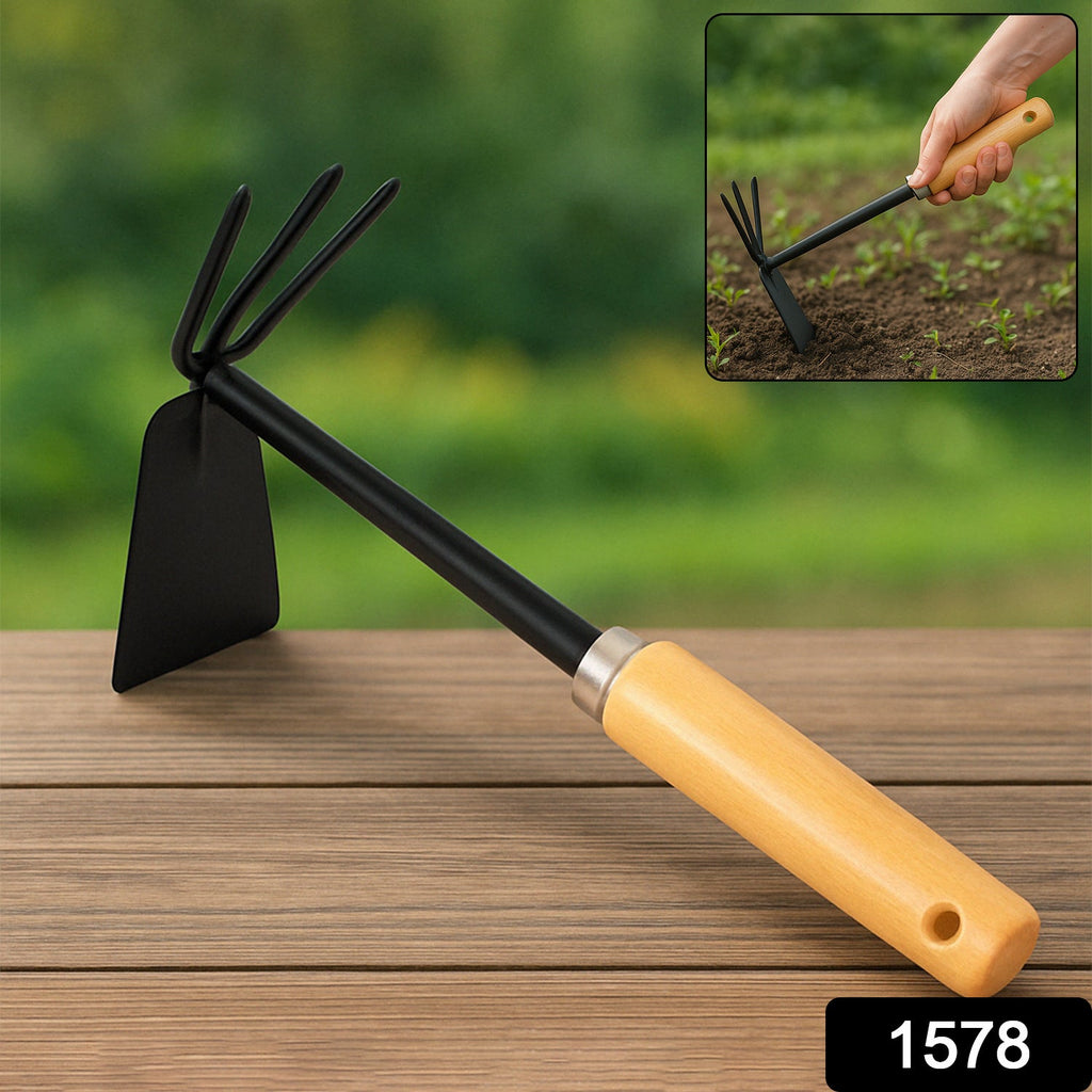 Detailed shot of the carbon steel head and ergonomic wooden handle of this gardening hoe.