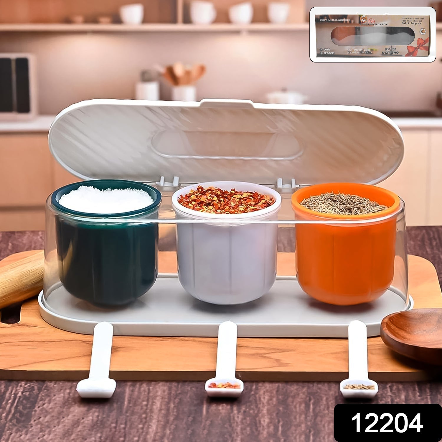 Close-up of the multicolor 3-grid seasoning box, highlighting separate compartments and included spoons.