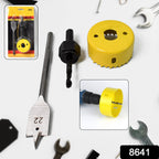 Close-up of the door lock installation kit components, including the carbon steel hole saw.