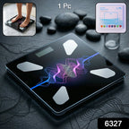 Top-down view of a sleek VelvaBloom digital body weight scale on a wooden floor.