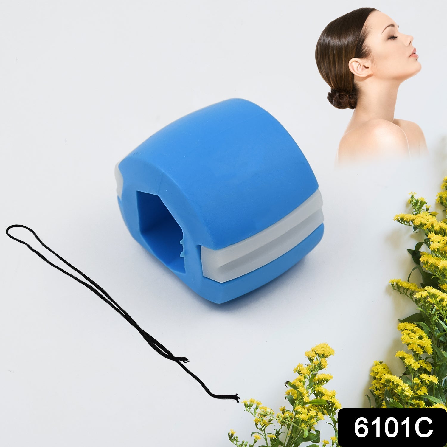 Blue Jawline Exerciser with a product details label on a white background.