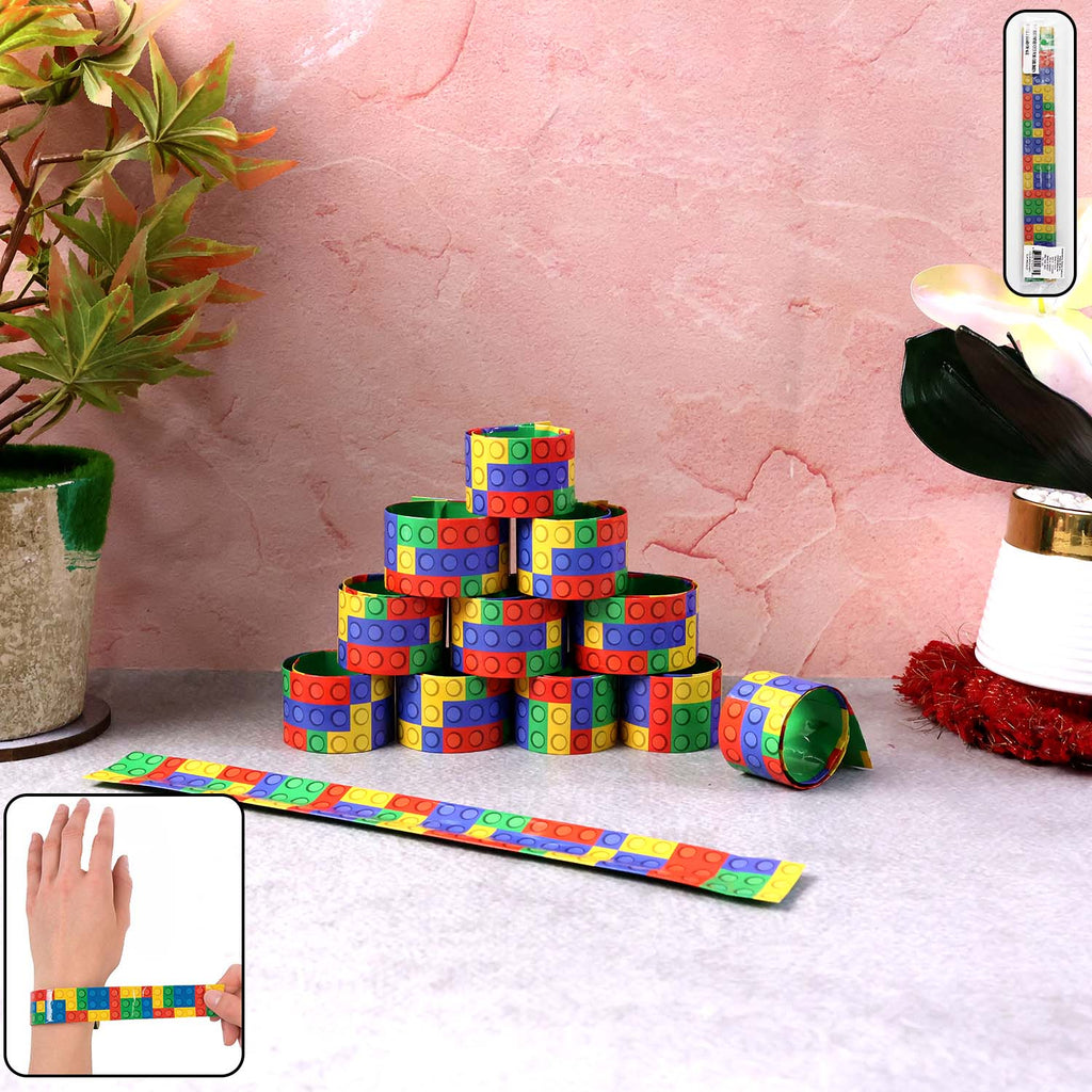 12-piece colorful snap slap bracelets with vibrant multicolor brick patterns