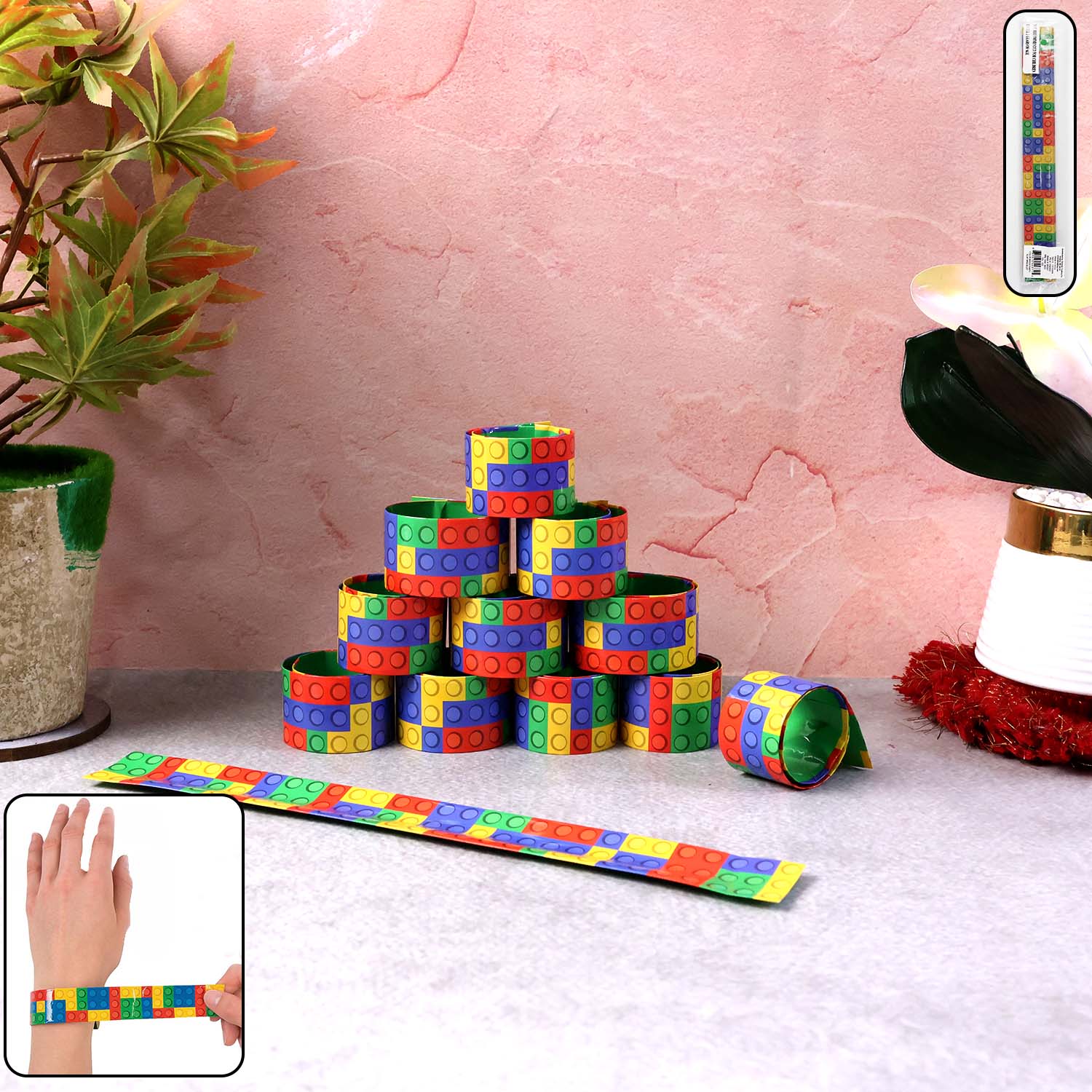12-piece colorful snap slap bracelets with vibrant multicolor brick patterns