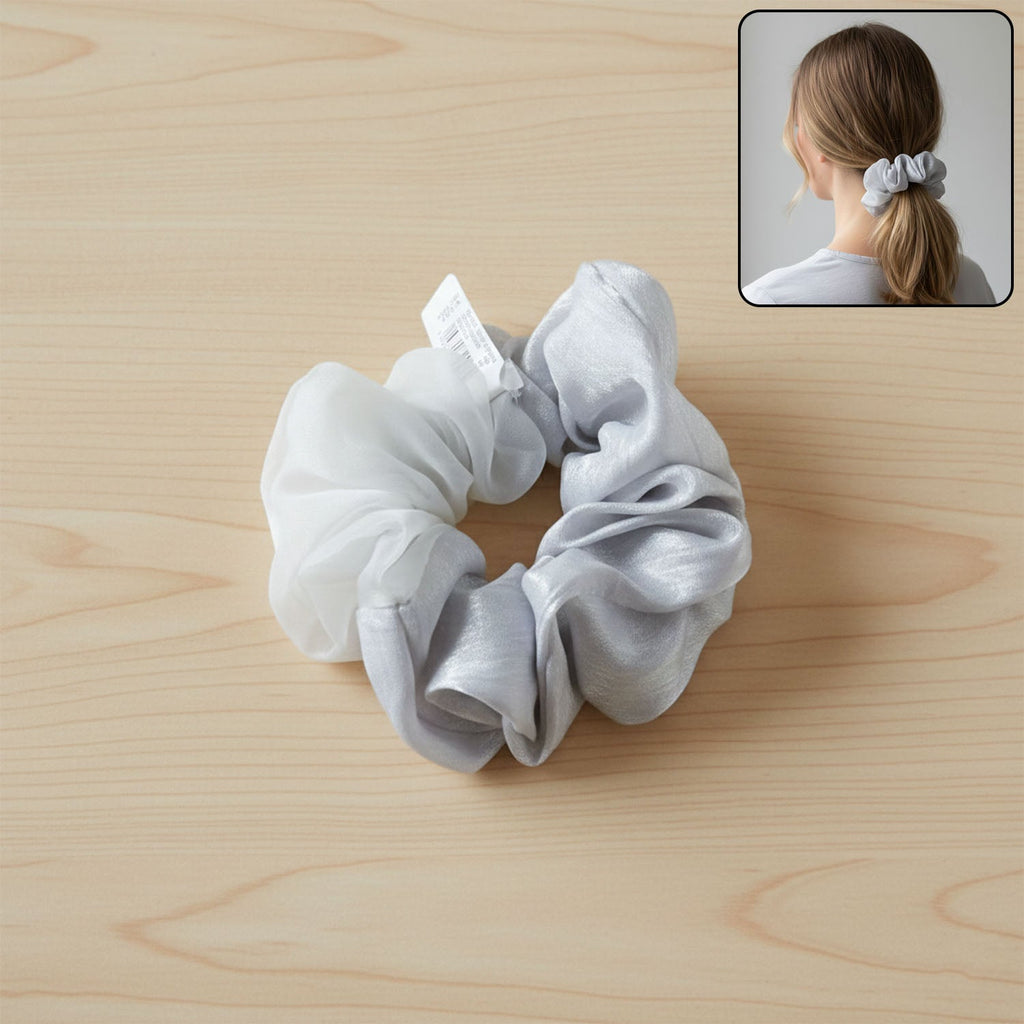 Dual-tone satin mesh hair scrunchie showcasing soft fabric texture