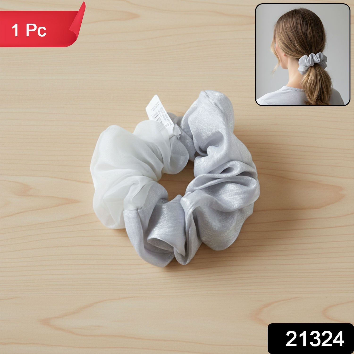 Soft stretchable satin mesh hair scrunchie holding ponytail securely