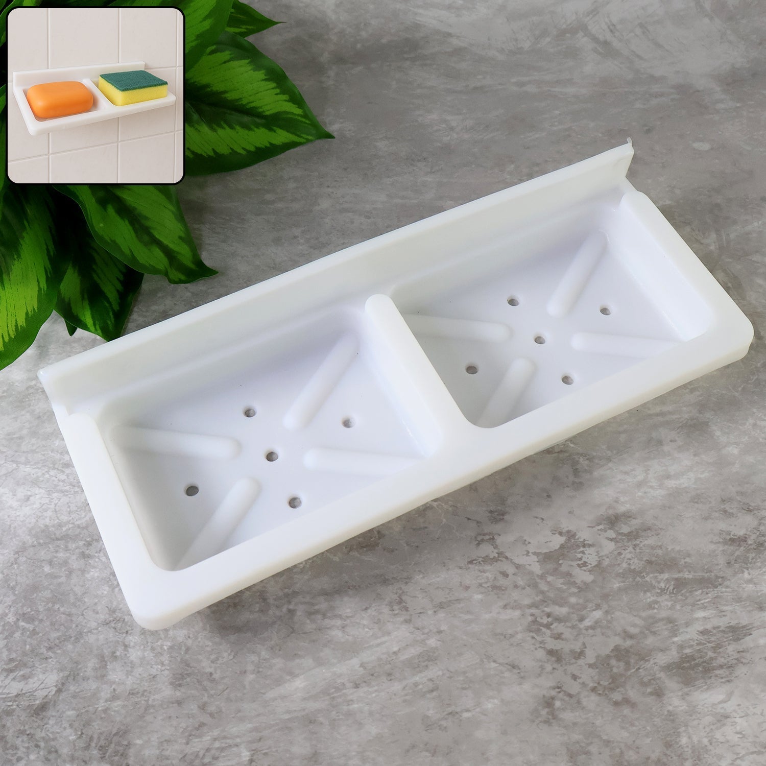 Double compartment wall mounted soap and sponge holder with drainage holes