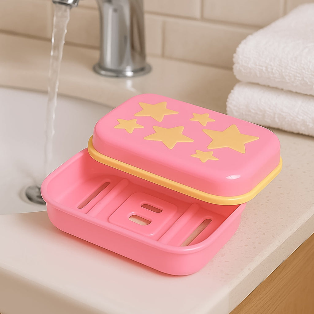 Open star-shaped plastic soap case holder revealing the self-drain design.