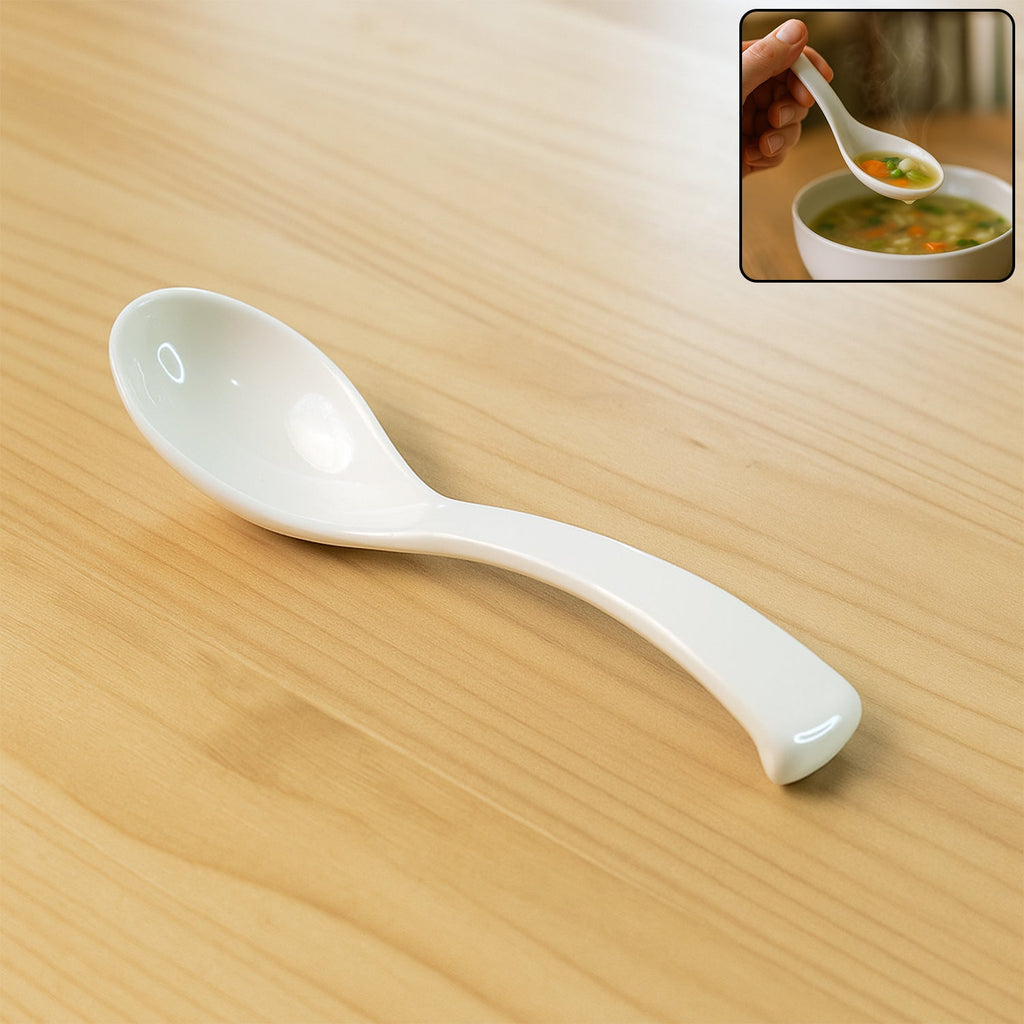 Plastic soup spoon with deep bowl and ergonomic handle in white