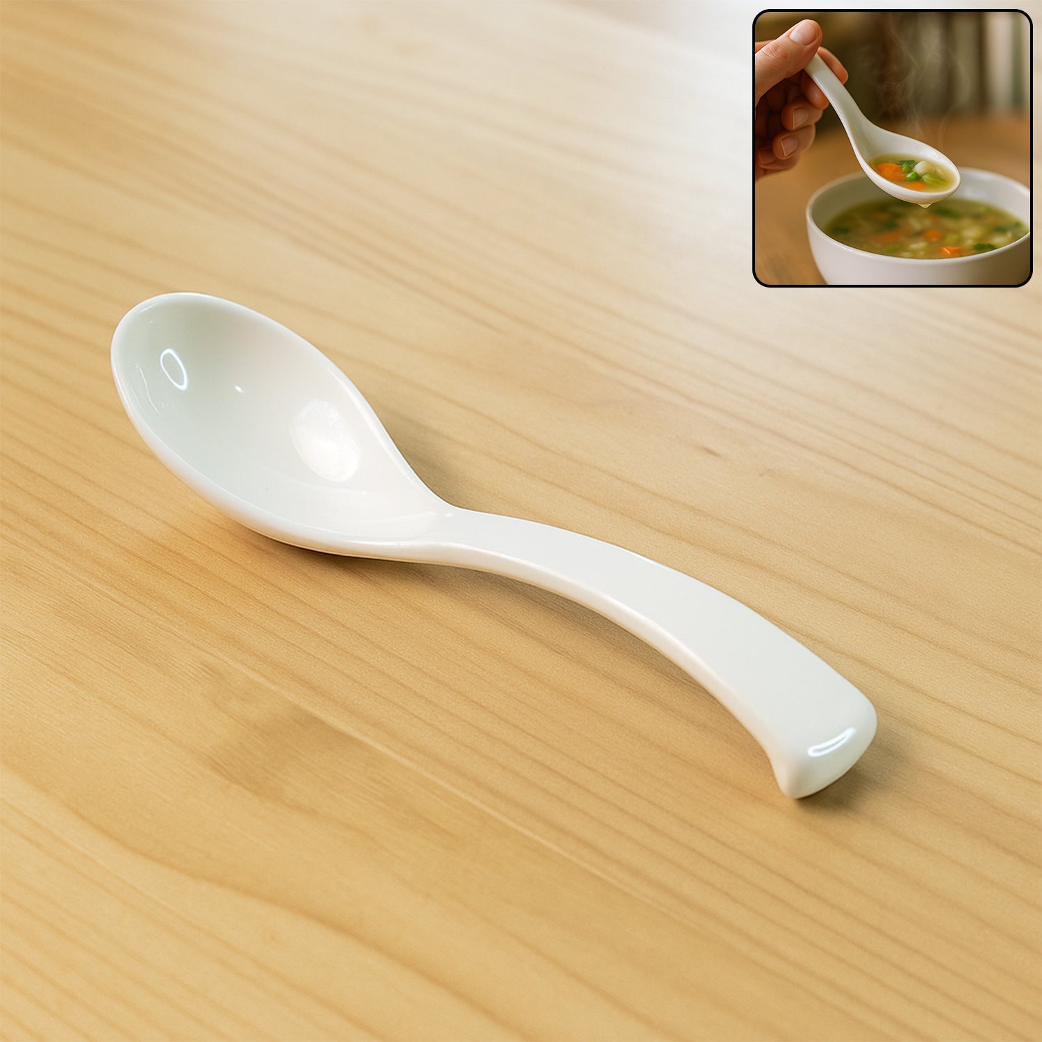 Plastic soup spoon with deep bowl and ergonomic handle in white