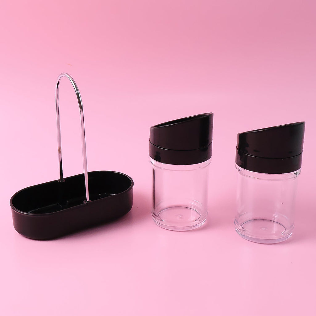 Two-piece salt and pepper plastic jar set with stand