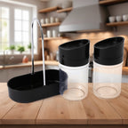 Clear plastic spice jars with black lids set for kitchen