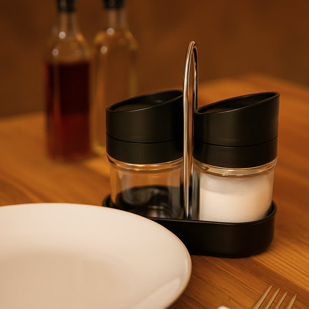 Compact kitchen spice jar set with chrome handle stand