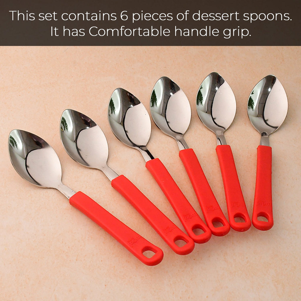 Six-piece stainless steel table spoon set arranged side by side