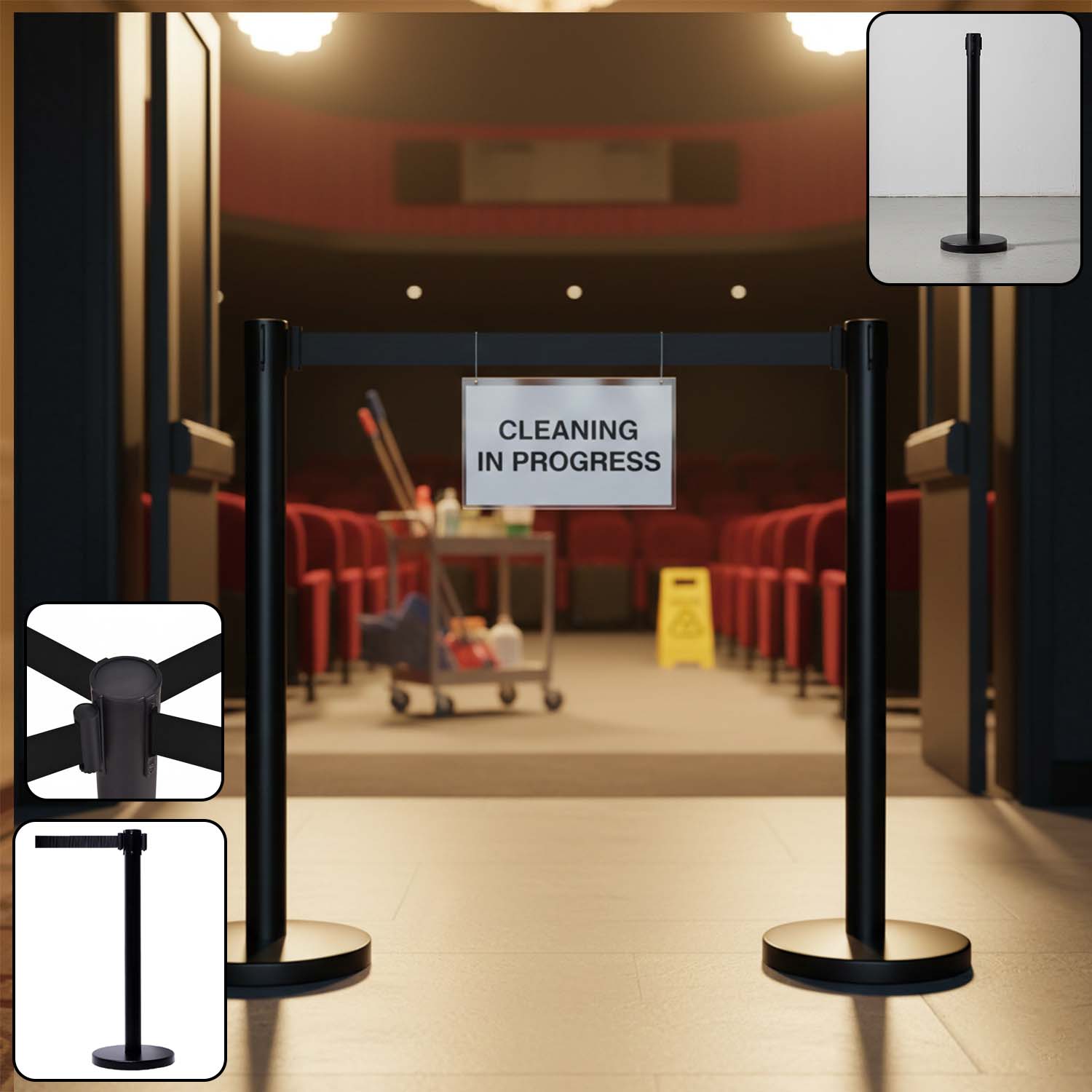 Heavy duty retractable belt crowd control pole with sturdy base for queue management