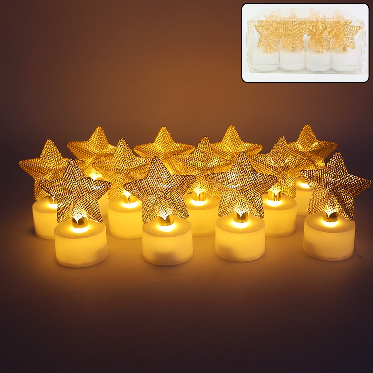 Set of 12 decorative LED star candles with golden star topper glows warmly