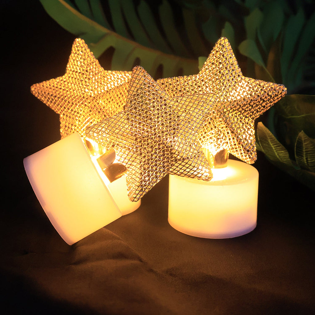 Plastic flameless LED star candle with golden mesh design