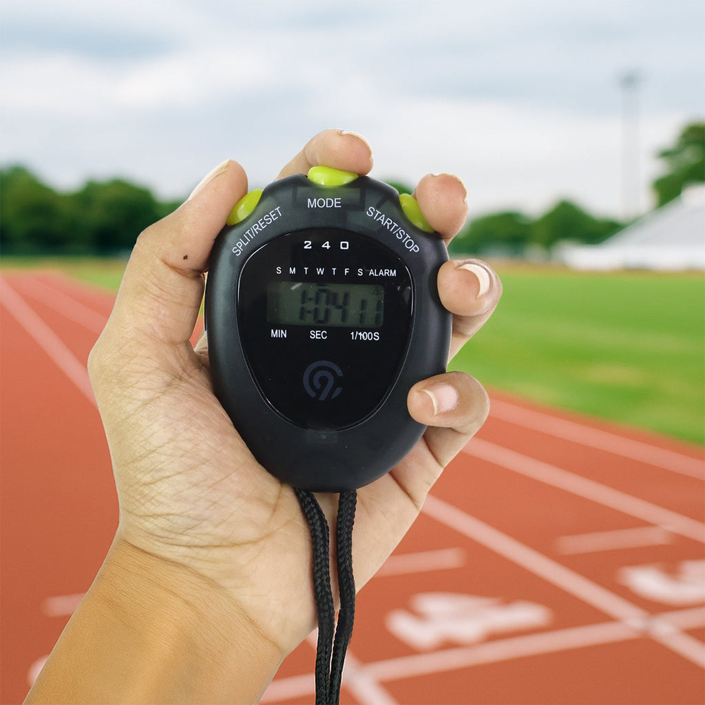 Side view of digital sports stopwatch designed for fitness training
