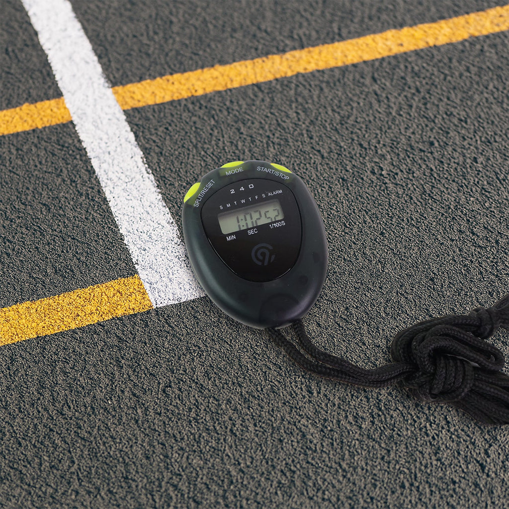 Close-up display of digital sports stopwatch showing precise timing