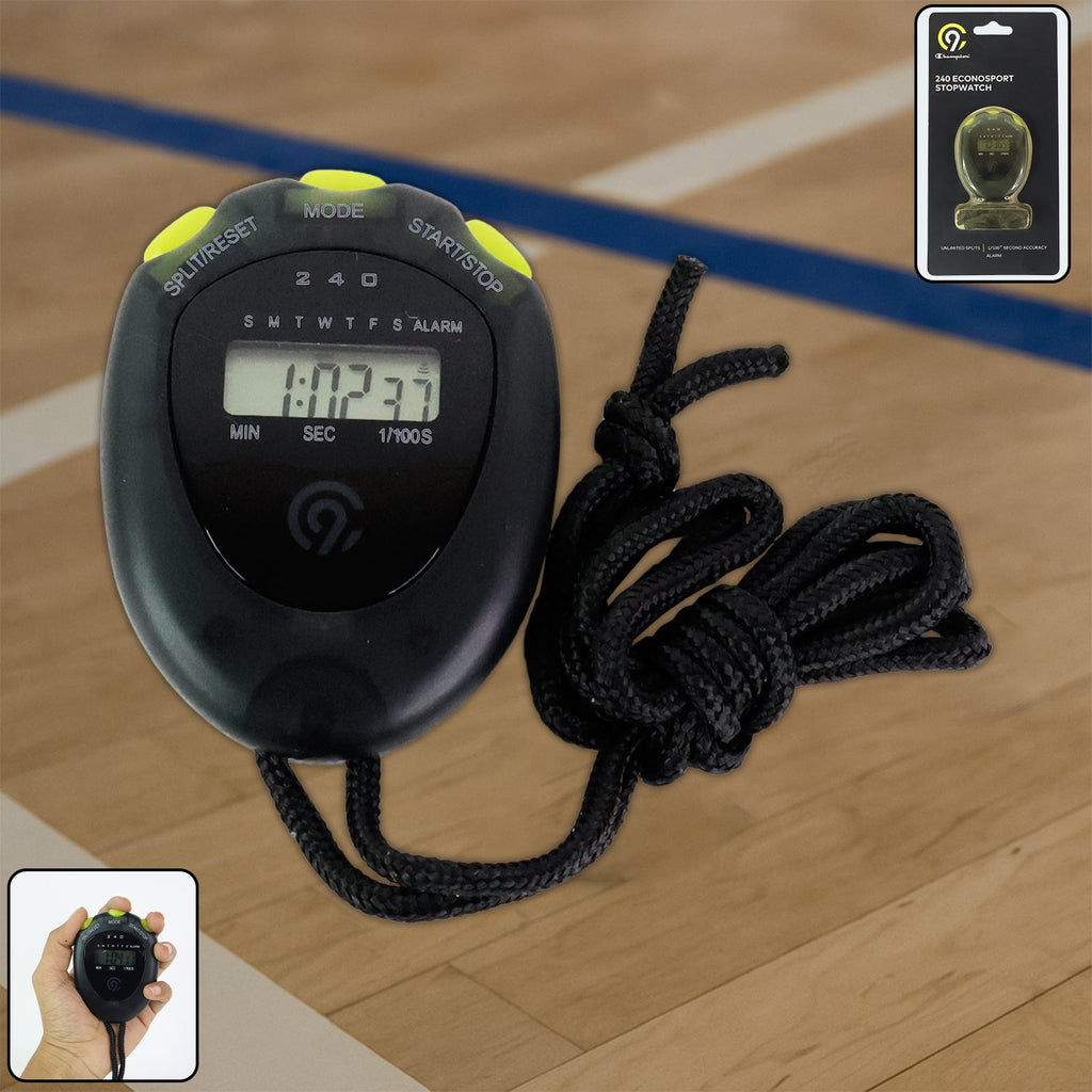 Digital sports stopwatch timer with split timing and alarm display